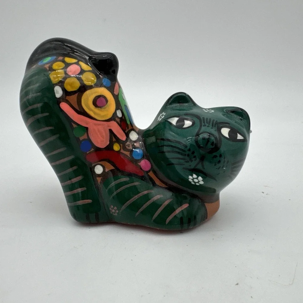 Cat Kitten Figurine Crouching Mexican Artist Red Clay Hand Painted Colorful CUTE